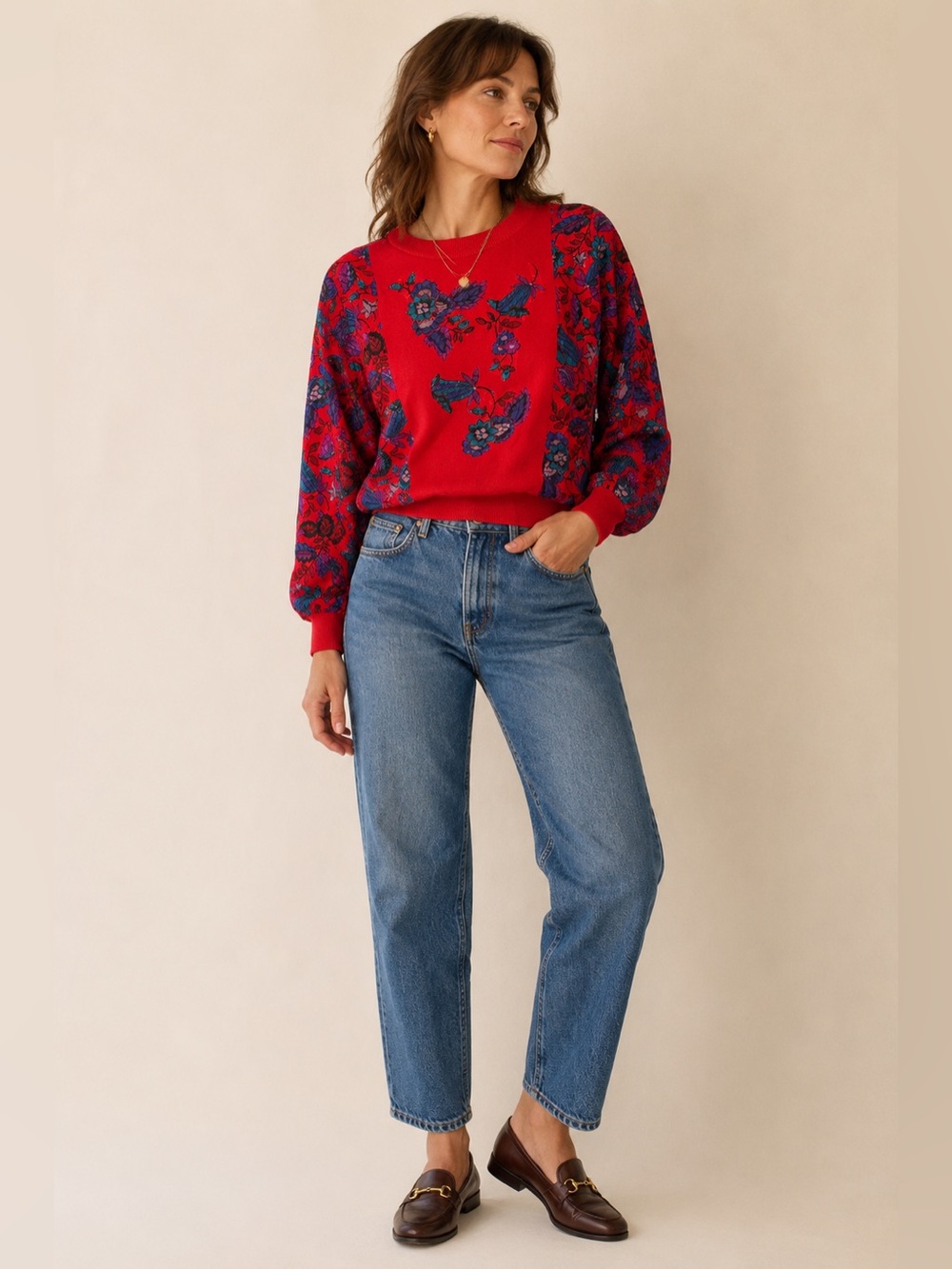 Vintage Philippe Marques Red Floral Knit Sweatshirt USA Size 12 80s Statement To